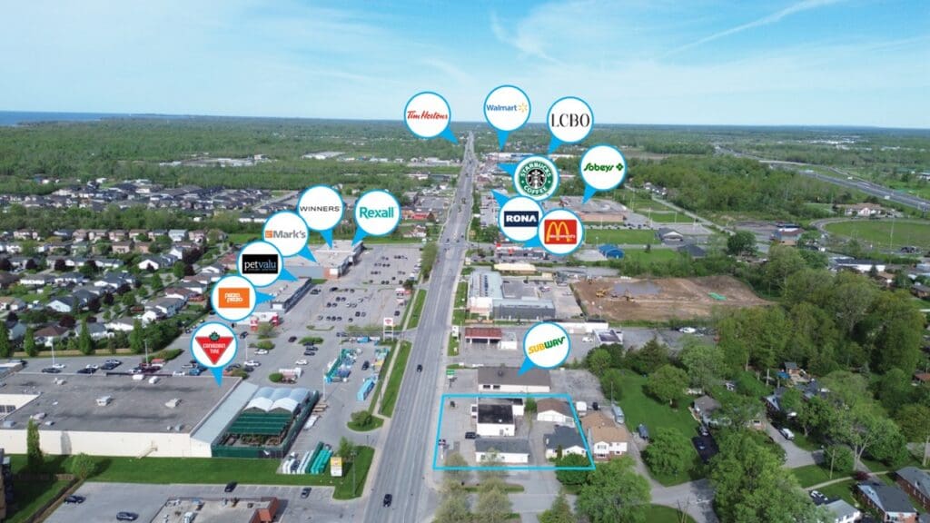 Road bisecting shopping centers and greenbelt